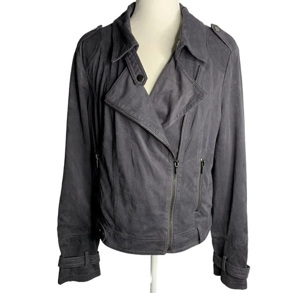 BNCI Blanc Noir Faux Suede Moto Jacket L Grey Asymmetrical Zipper Pockets Lined